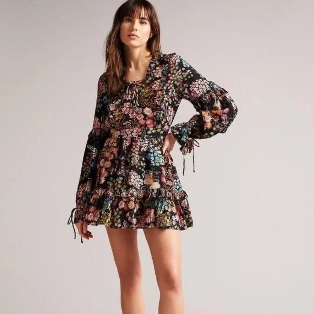 Ted Baker Hendria Floral Belted Tiered Mini Dress Black NWT